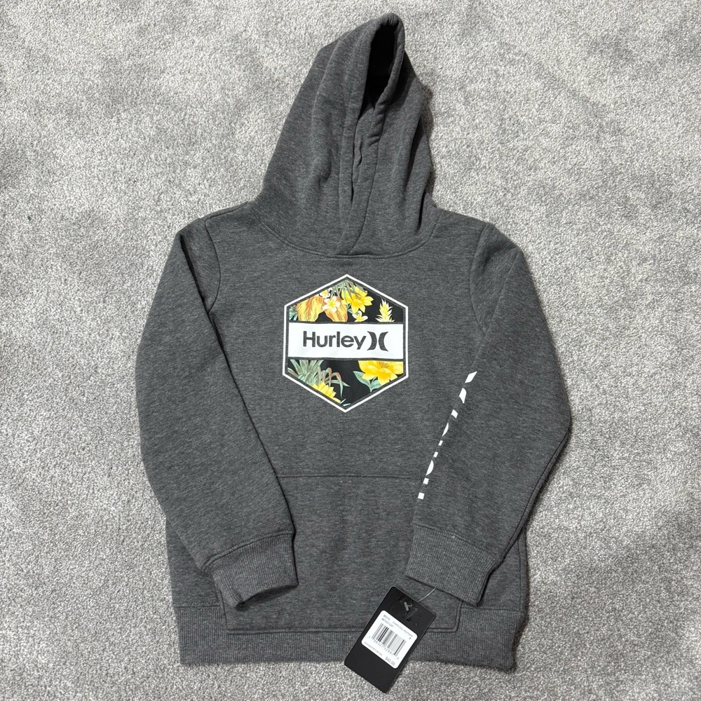 NWT Hurley Floral Charcoal Heather Pullover Hoodie with Pocket boys size 7